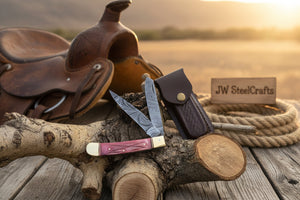 Backwoods Trapper Knife Two Blade Pink Bone Handle Steel Bolster Slip Joint detail view by JW SteelCrafts