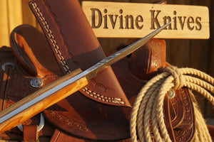 Natural Olive Wood Damascus Knife with Included Leather Sheath detail view by Divine Knives