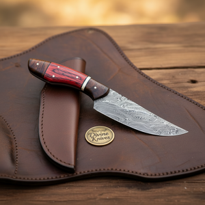 Red Pakkawood Damascus Drop Point Hunter by Divine Knives, product view 4