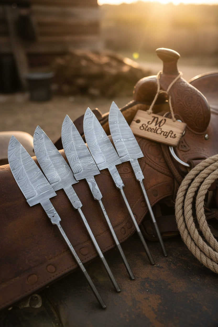 5-Piece Hand Forged Damascus Hunting Knife Blanks Set by JW SteelCrafts