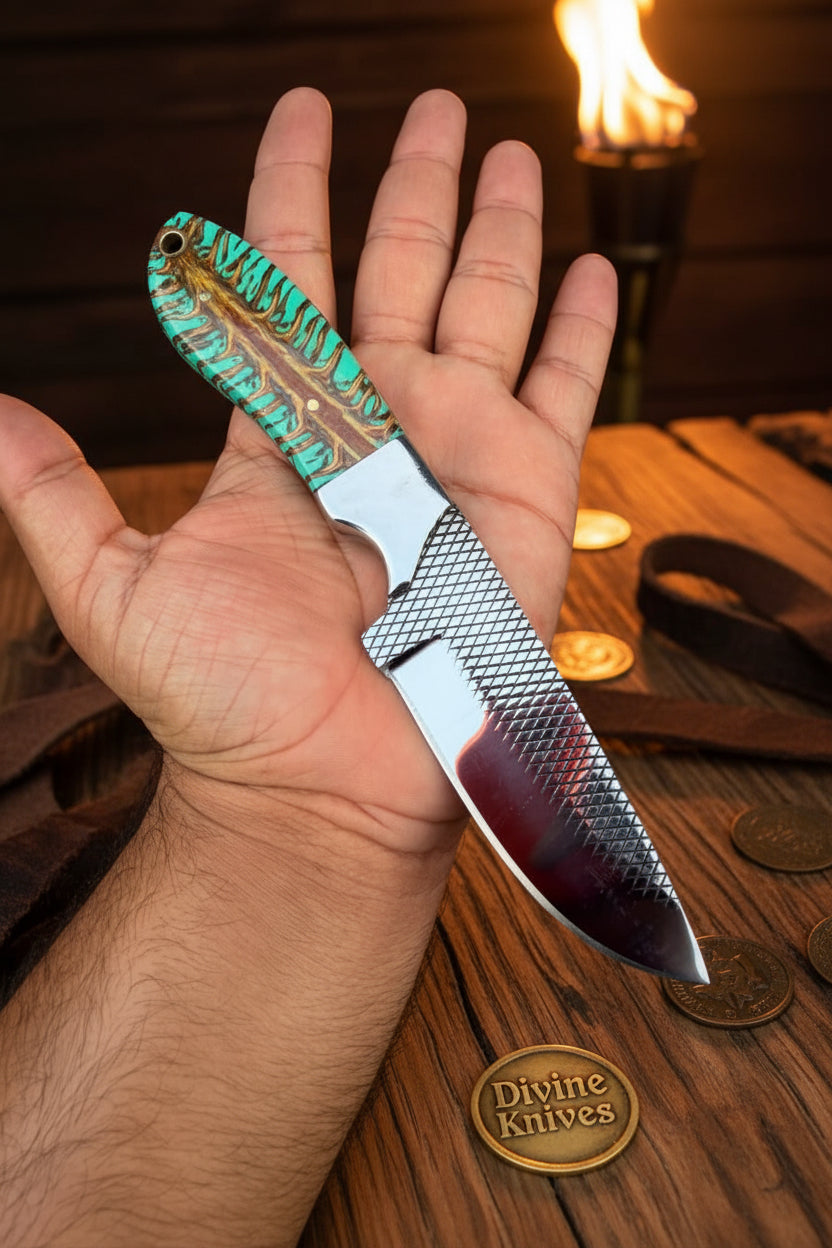 Emerald Pinecone Ranch Skinner Knife with Carved Wood Handle detail view by Divine Knives