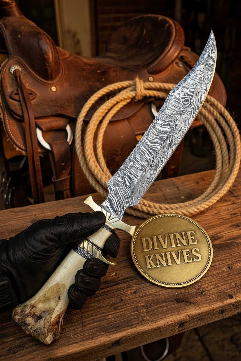 Crown Stag Damascus Hunting Knife with Natural Antler Handle by Divine Knives