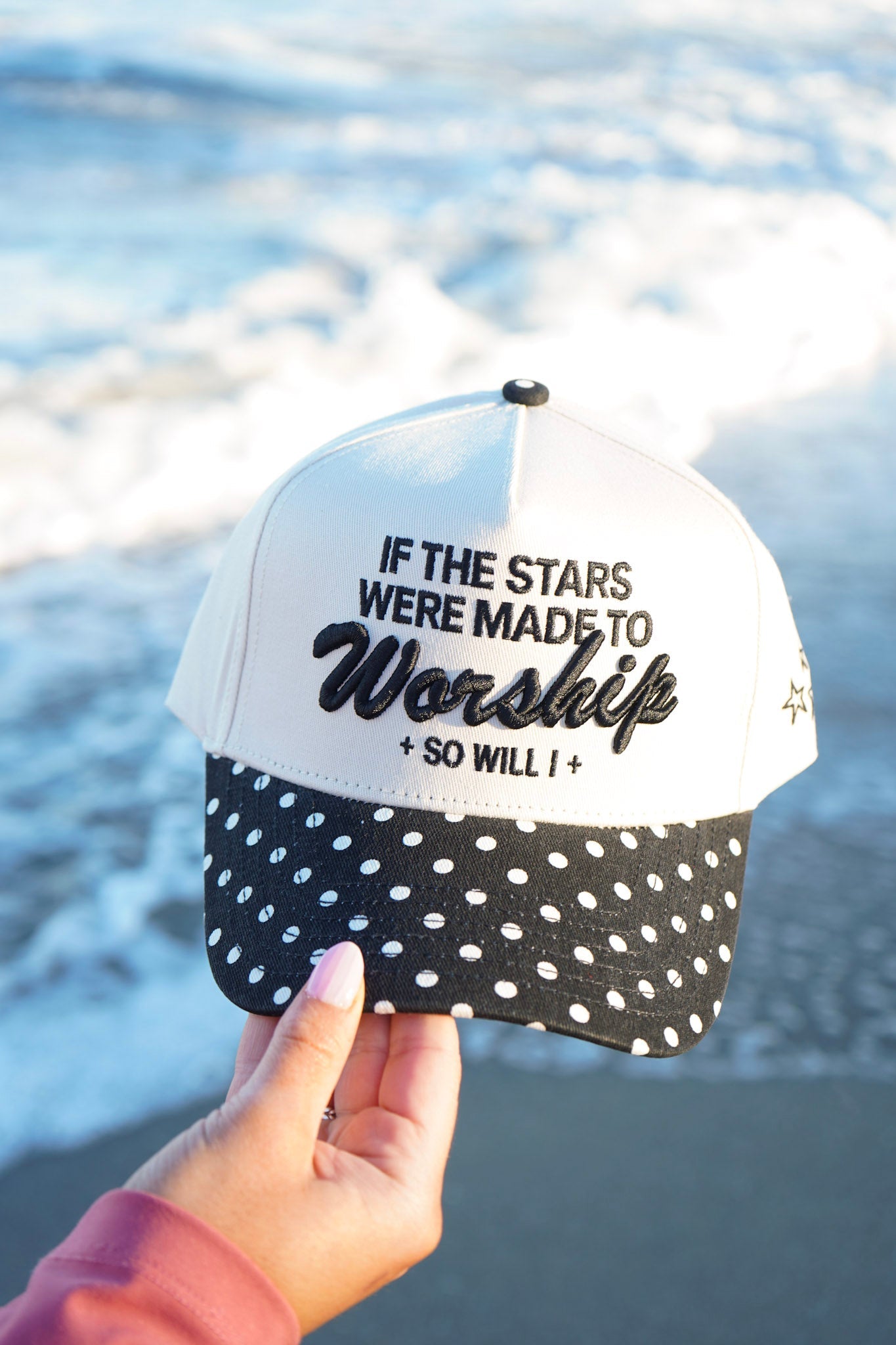 Stars Were Made to Worship - Black Polka Dot Trucker Hat by KenzKustomz — product view 2