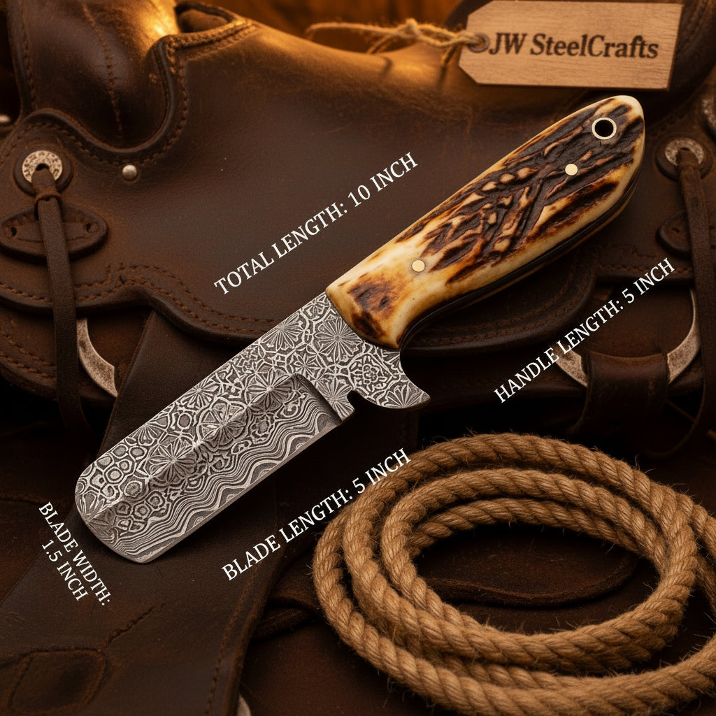 Damascus Engraved Antler Bull Cutter with by Divine Knives
