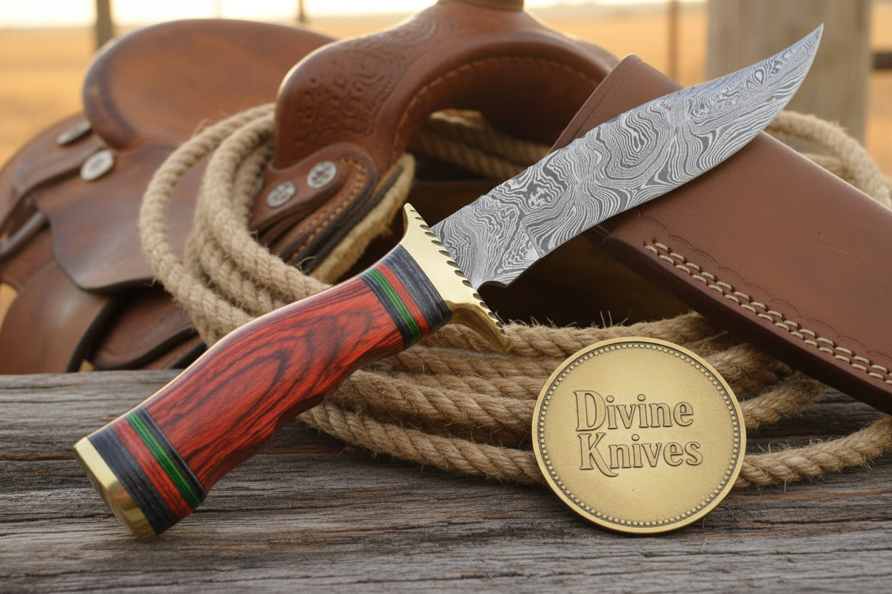 Field-Ready Damascus Gut Hook Knife with Rich Burgundy Wood Grip by Divine Knives