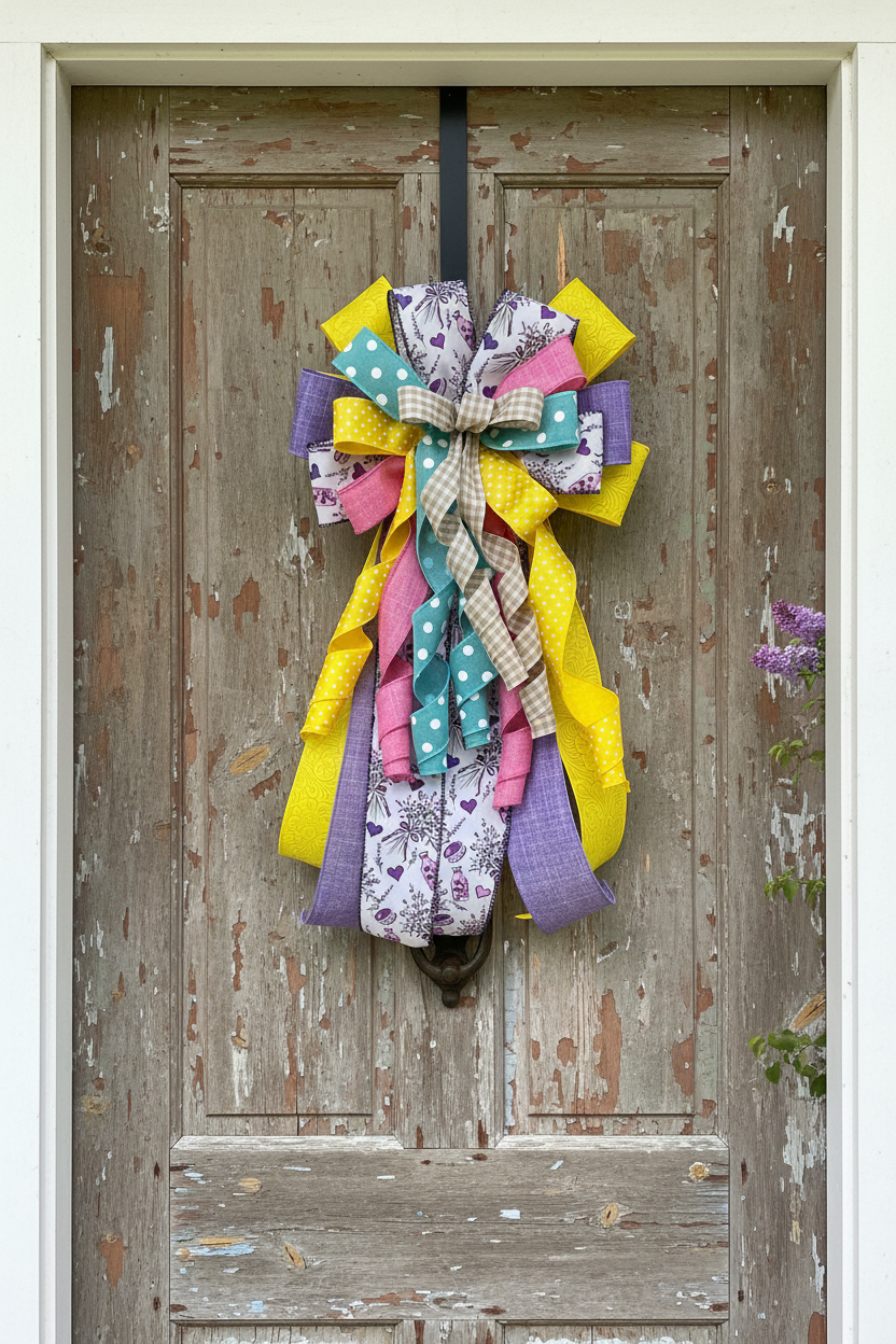 Wreath Bow | Handmade Spring Gingham | Lavender Teapots detail view by Bouge Creations