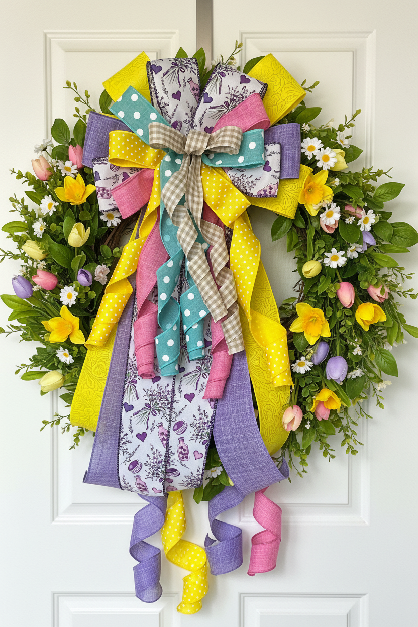 Wreath Bow | Handmade Spring Gingham | Lavender Teapots detail view by Bouge Creations