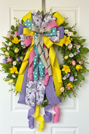 Wreath Bow | Handmade Spring Gingham | Lavender Teapots detail view by Bouge Creations