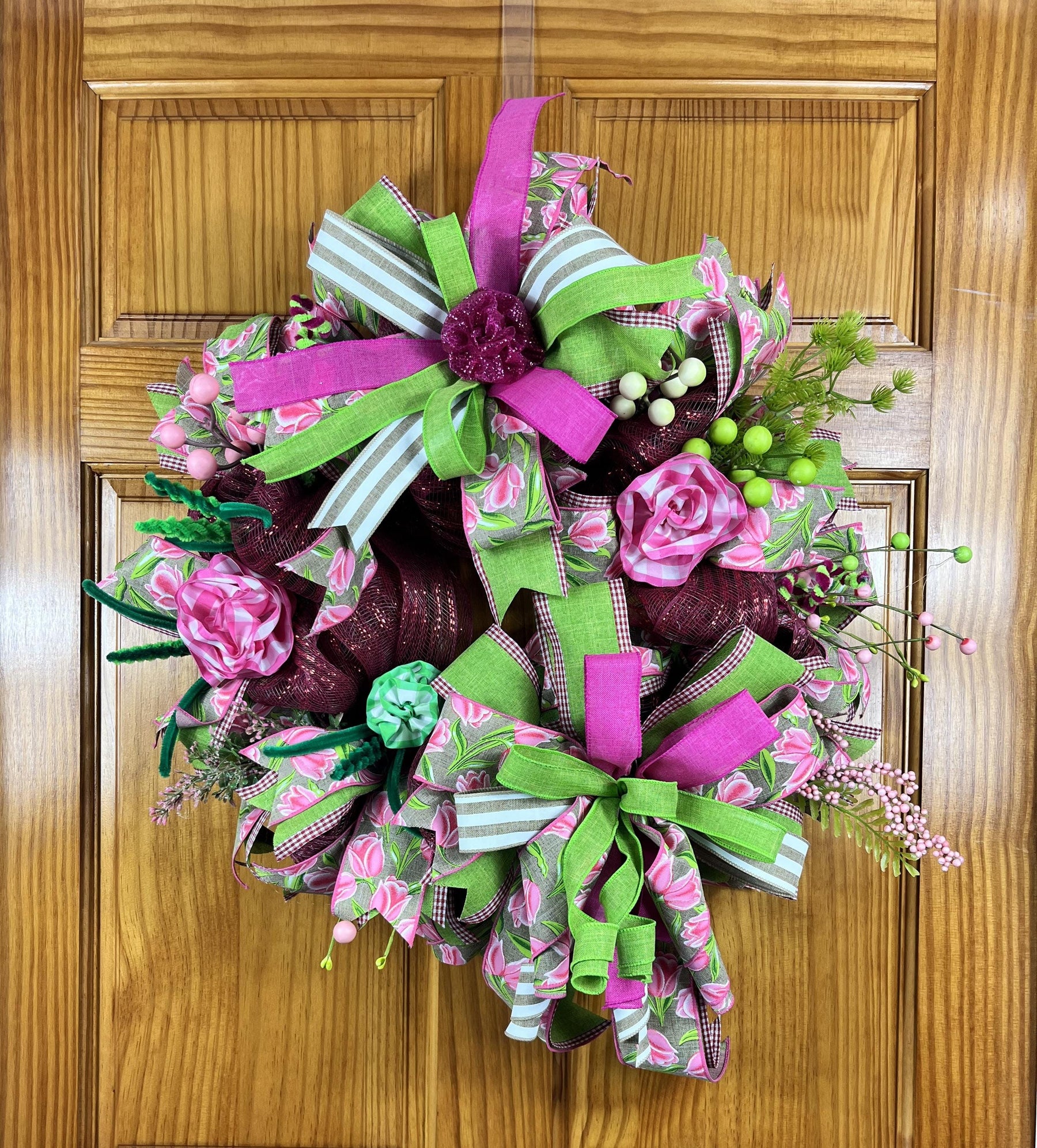Pink & Green Spring Wreath | Easter Floral Door Decor by Bouge Creations, view 2