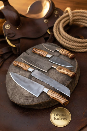 Pakka Wood Handle Chef & Santoku Knife Set – 5 Pieces detail view by Divine Knives