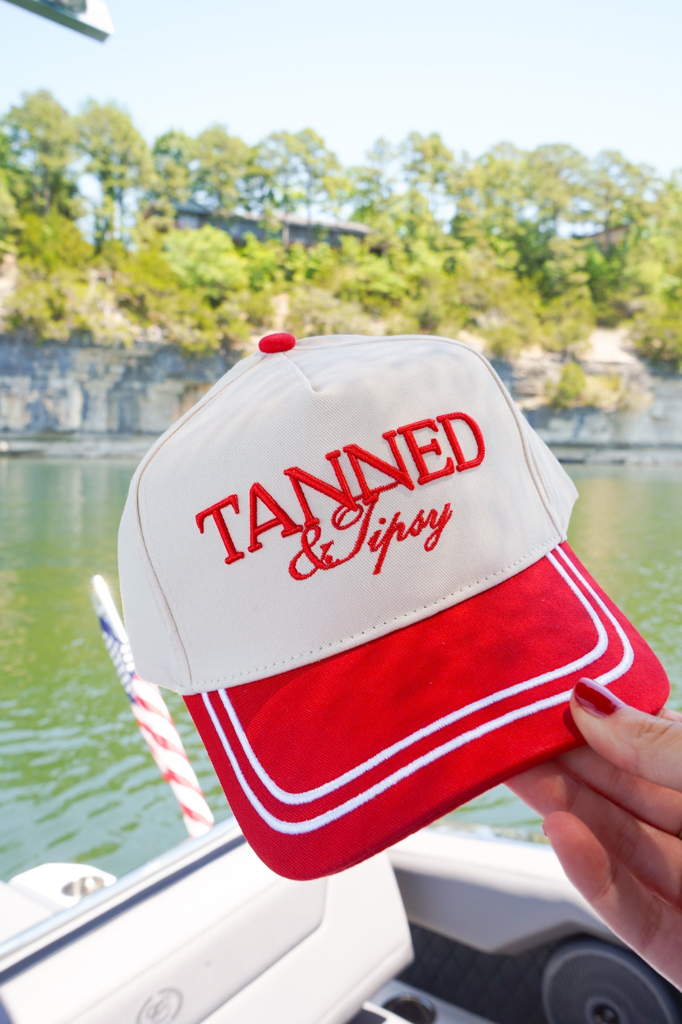 Tanned & Tipsy - Red Vintage Trucker Hat by KenzKustomz, Southern lifestyle apparel detail photo 3