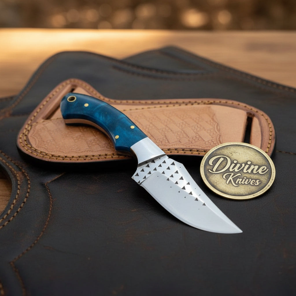 Blue Farrier Rasp Cowboy Belt Knife with product detail, view 4