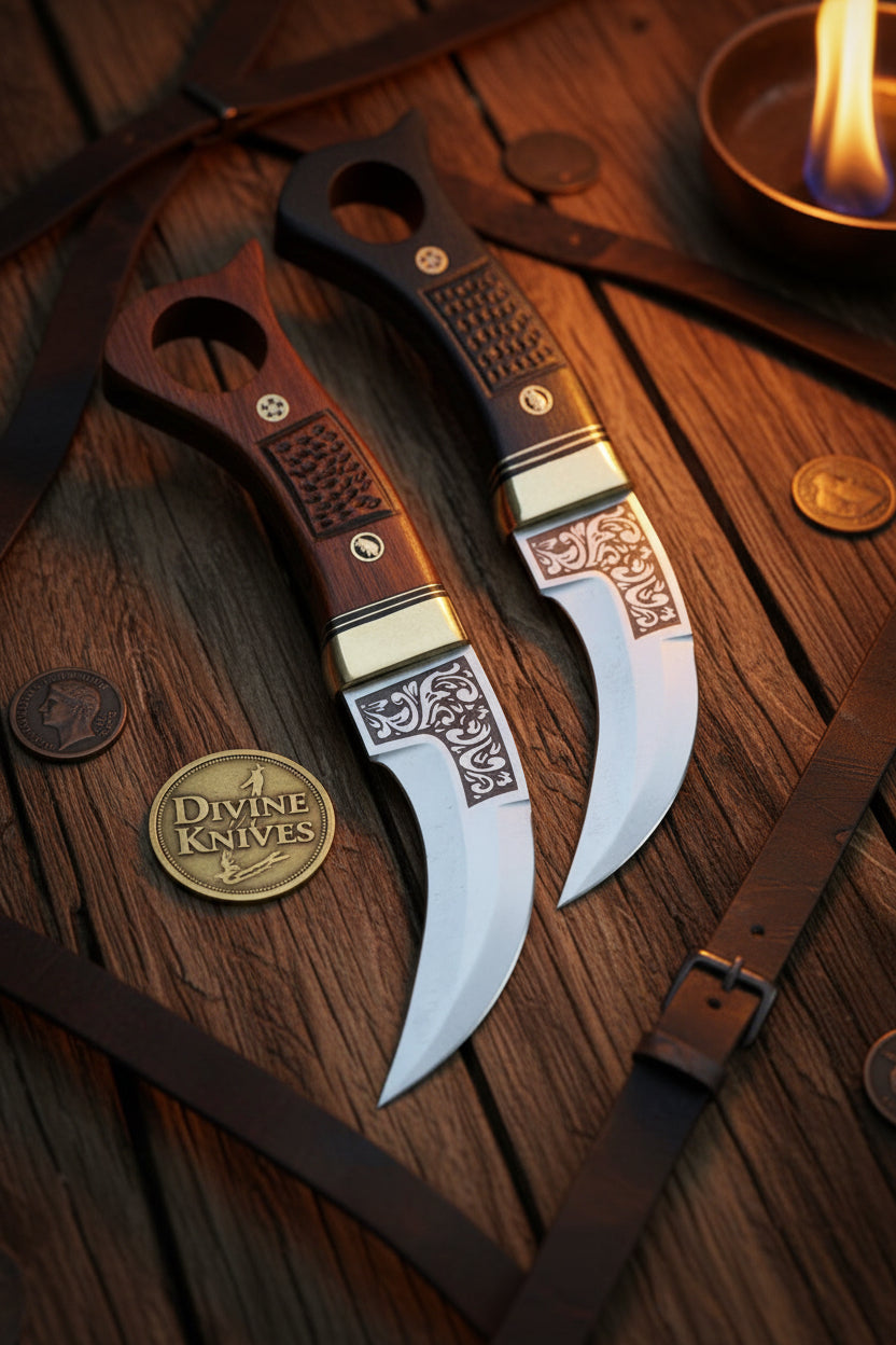 Engraved Double Karambit Set with Wood Handles by Divine Knives