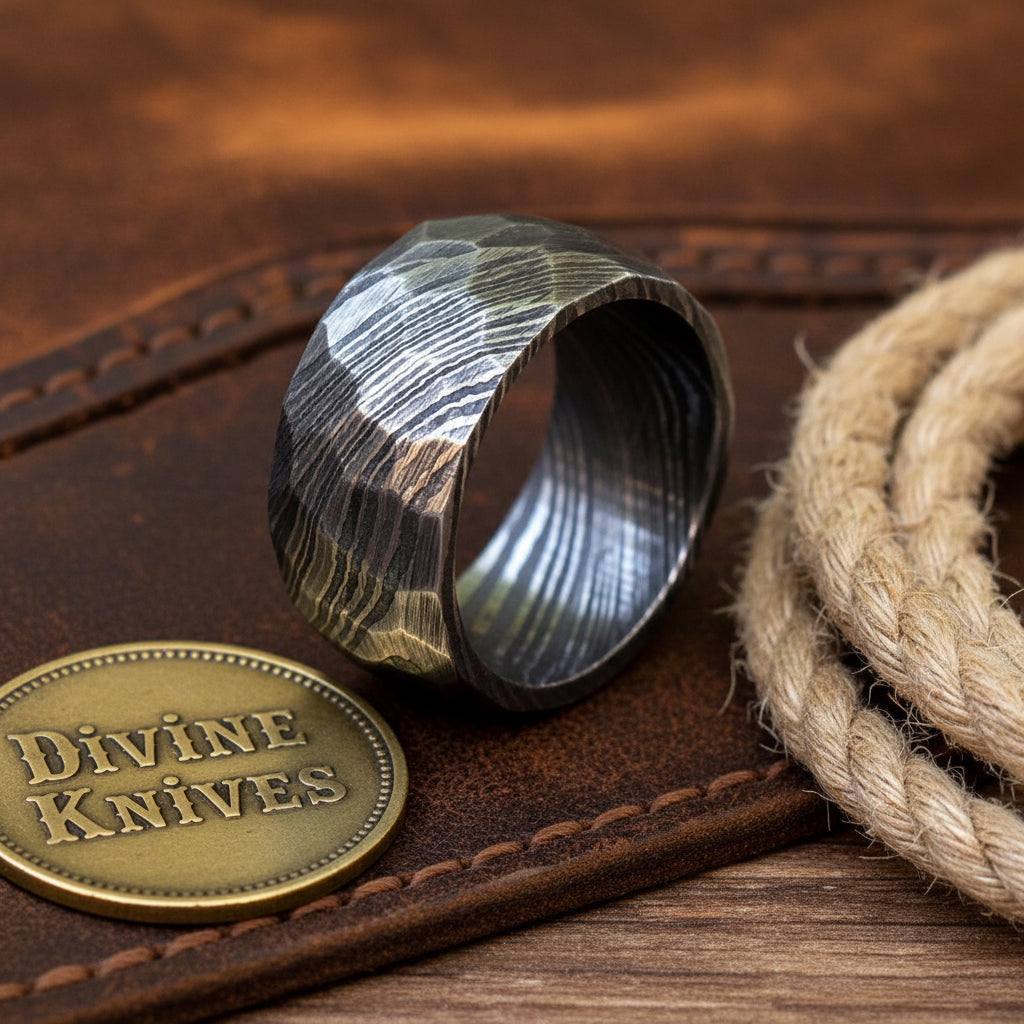 Rugged Hammered-Finish Damascus Ring for Men by Divine Knives