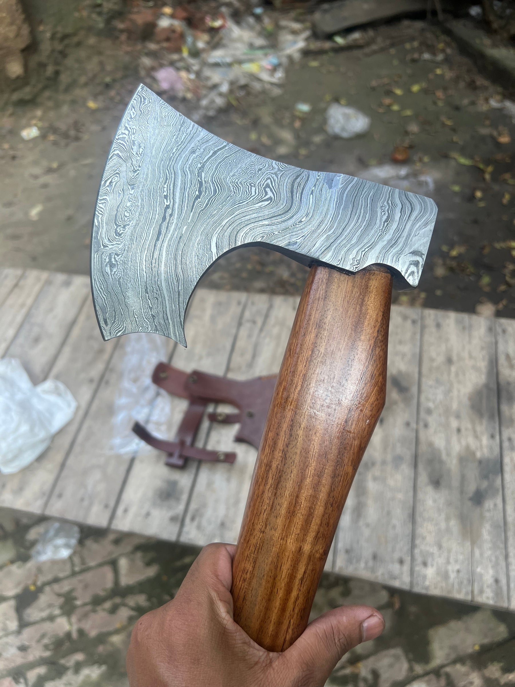Damascus Viking Bearded Hatchet with Bare Wood Haft detail view by Divine Knives