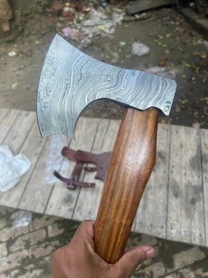 Damascus Viking Bearded Hatchet with Bare Wood Haft detail view by Divine Knives