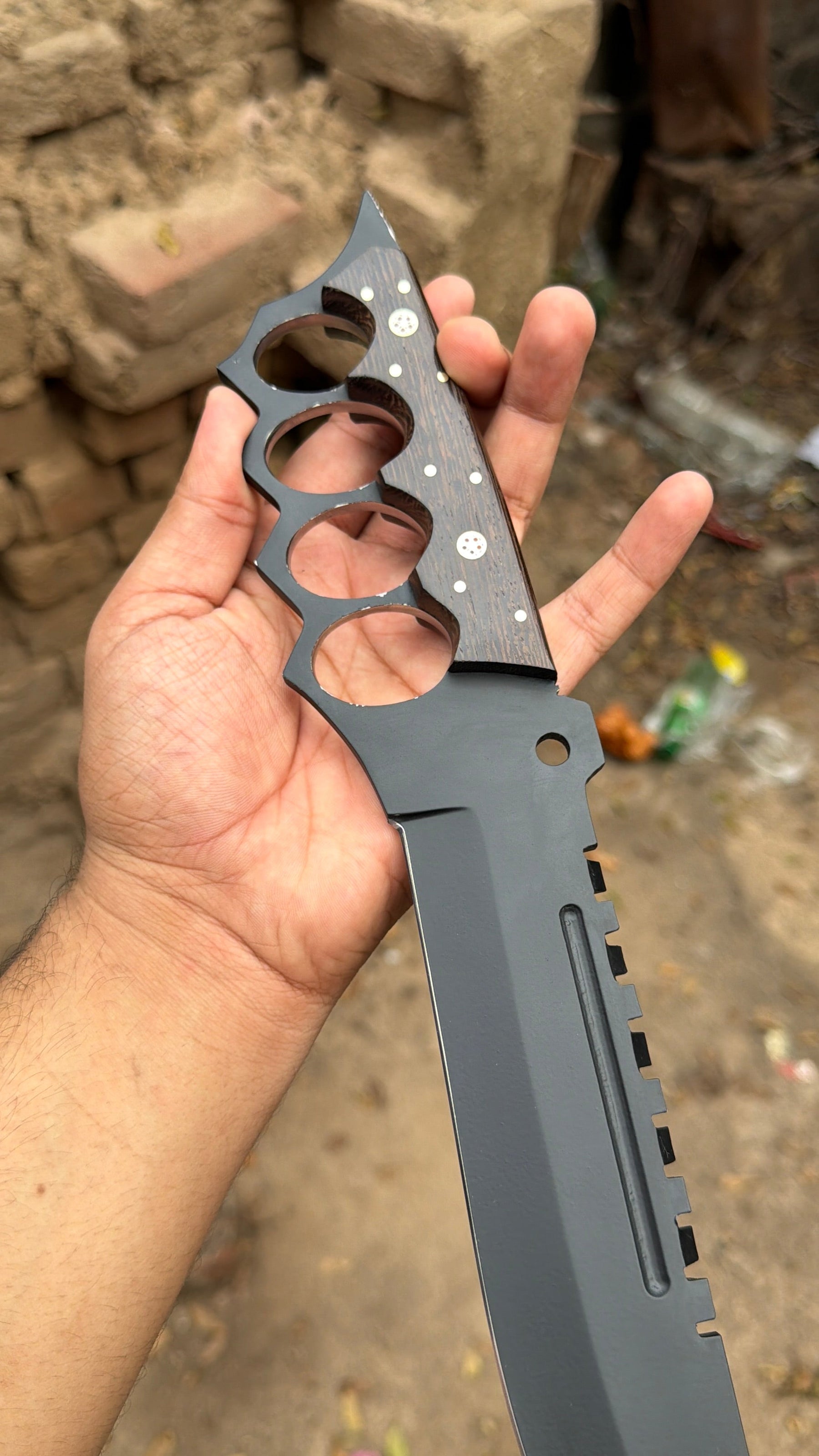 Knuckle Handle Tactical Knife Acid Etched Drop Point Fixed Blade detail view by JW SteelCrafts