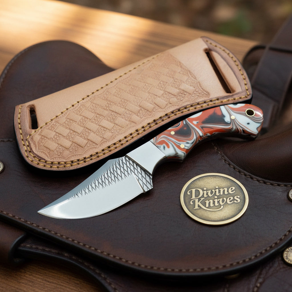 Orange Marble Resin Cowboy Belt Knife with product detail, view 6