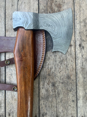 Damascus Viking Bearded Hatchet with Bare Wood Haft detail view by Divine Knives