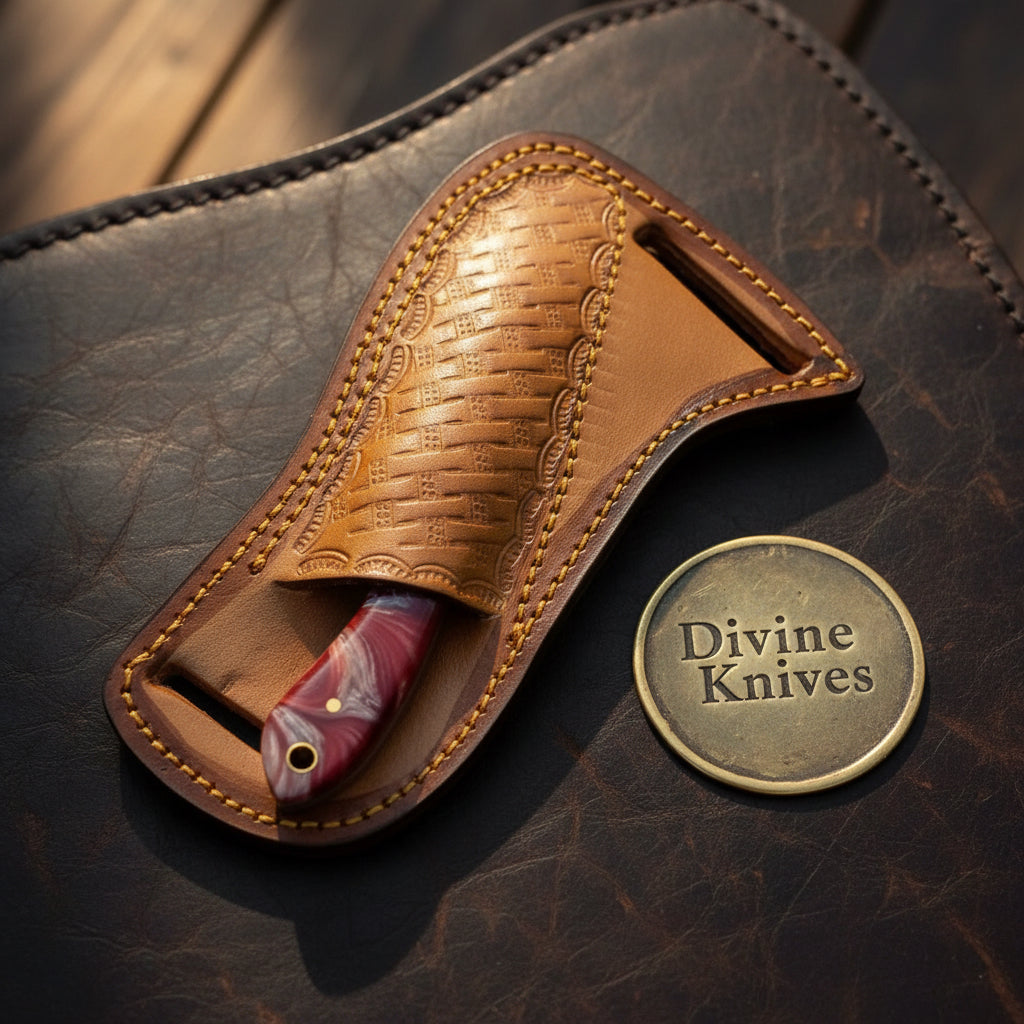 Maroon Finger Groove Rasp Skinner Knife by Divine Knives, product view 4