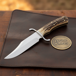 Jigged Stag Bowie Knife with Mirror Polished Clip Point Blade and Black Leather Sheath