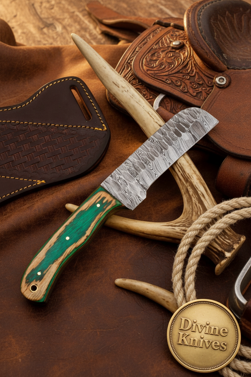 Wawona Cowboy Bull Cutter Knife with Squared Damascus Blade by Divine Knives