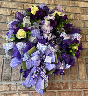Purple Floral Wreath | Silk Flower Front Door Decor by Bouge Creations, view 4