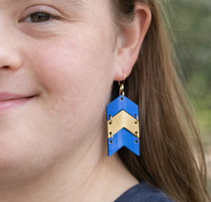 Blue Yellow Chevron Earrings, Down Syndrome Awareness Jewelry by Poor Hog Customs, handmade jewelry detail photo 2