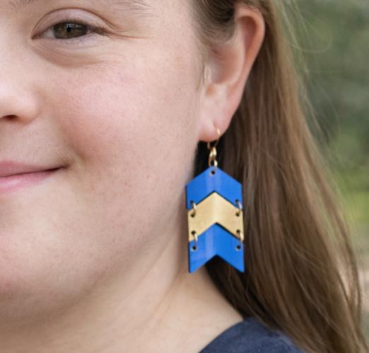 Blue Yellow Chevron Earrings, Down Syndrome Awareness Jewelry by Poor Hog Customs, handmade jewelry detail photo 2