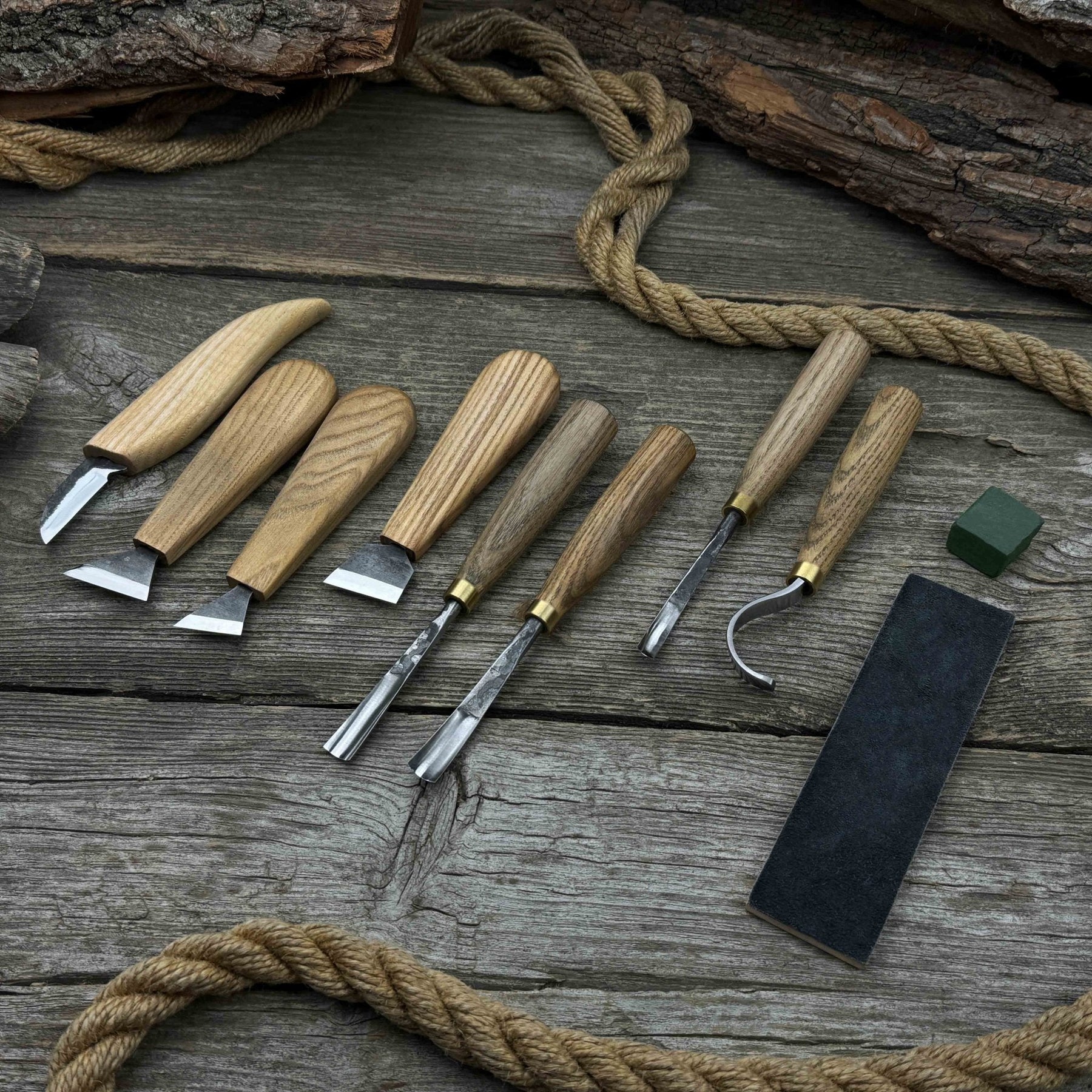 8-Piece Spoon Carving Tool Set with Sharpening Board detail view by Sharky Forged Steel Tools