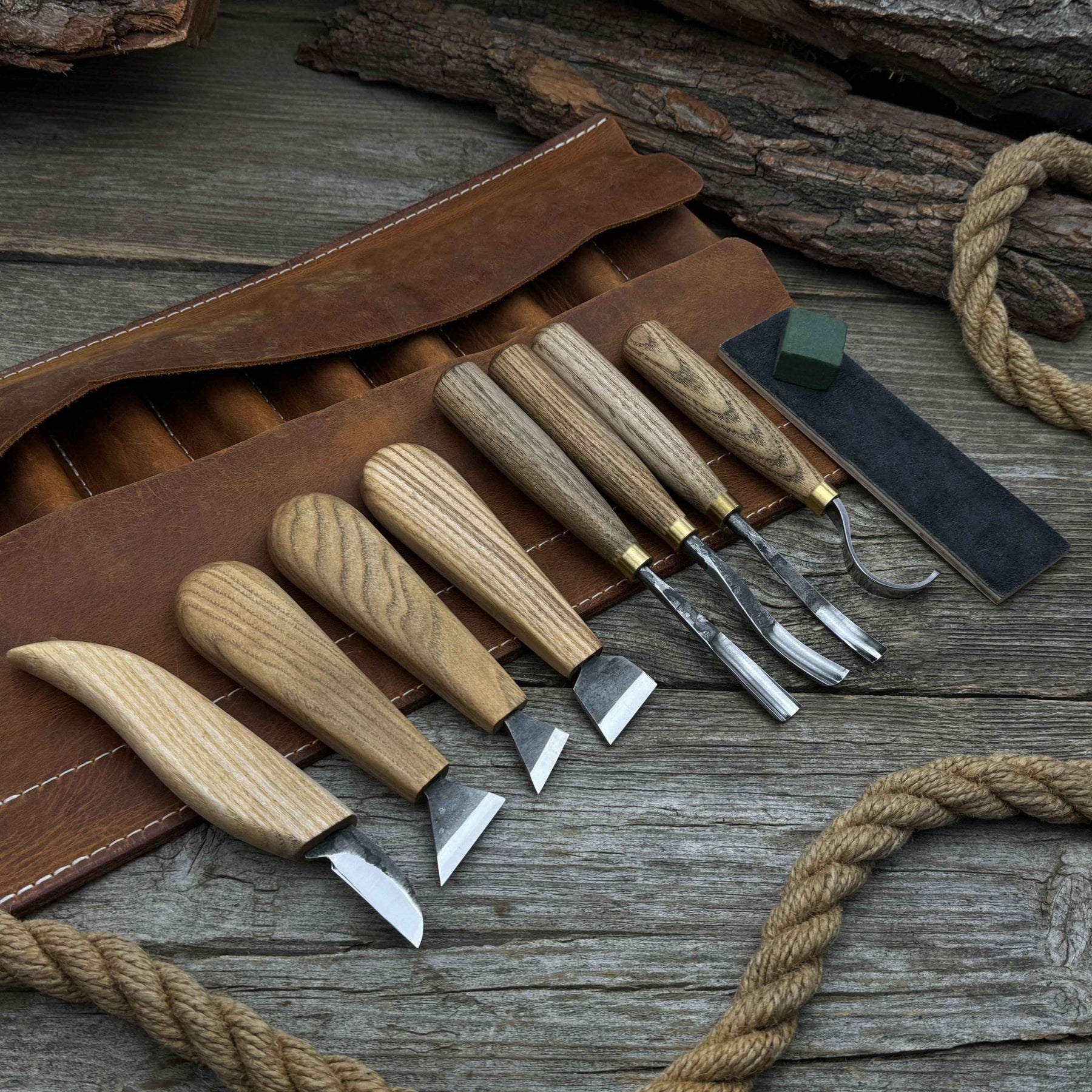 8-Piece Spoon Carving Tool Set with Sharpening Board detail view by Sharky Forged Steel Tools