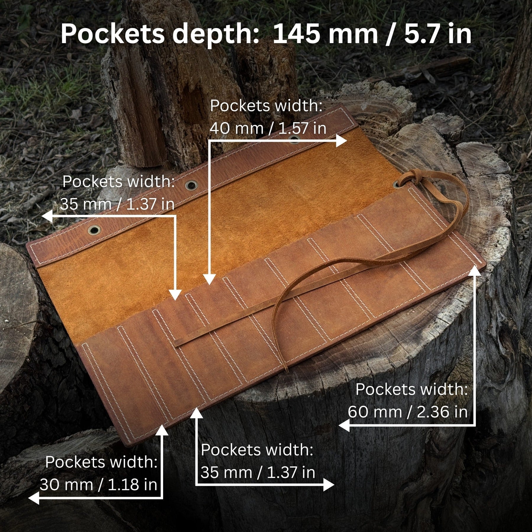 8 Pocket Leather Chisel Roll detail view by Sharky Forged Steel Tools