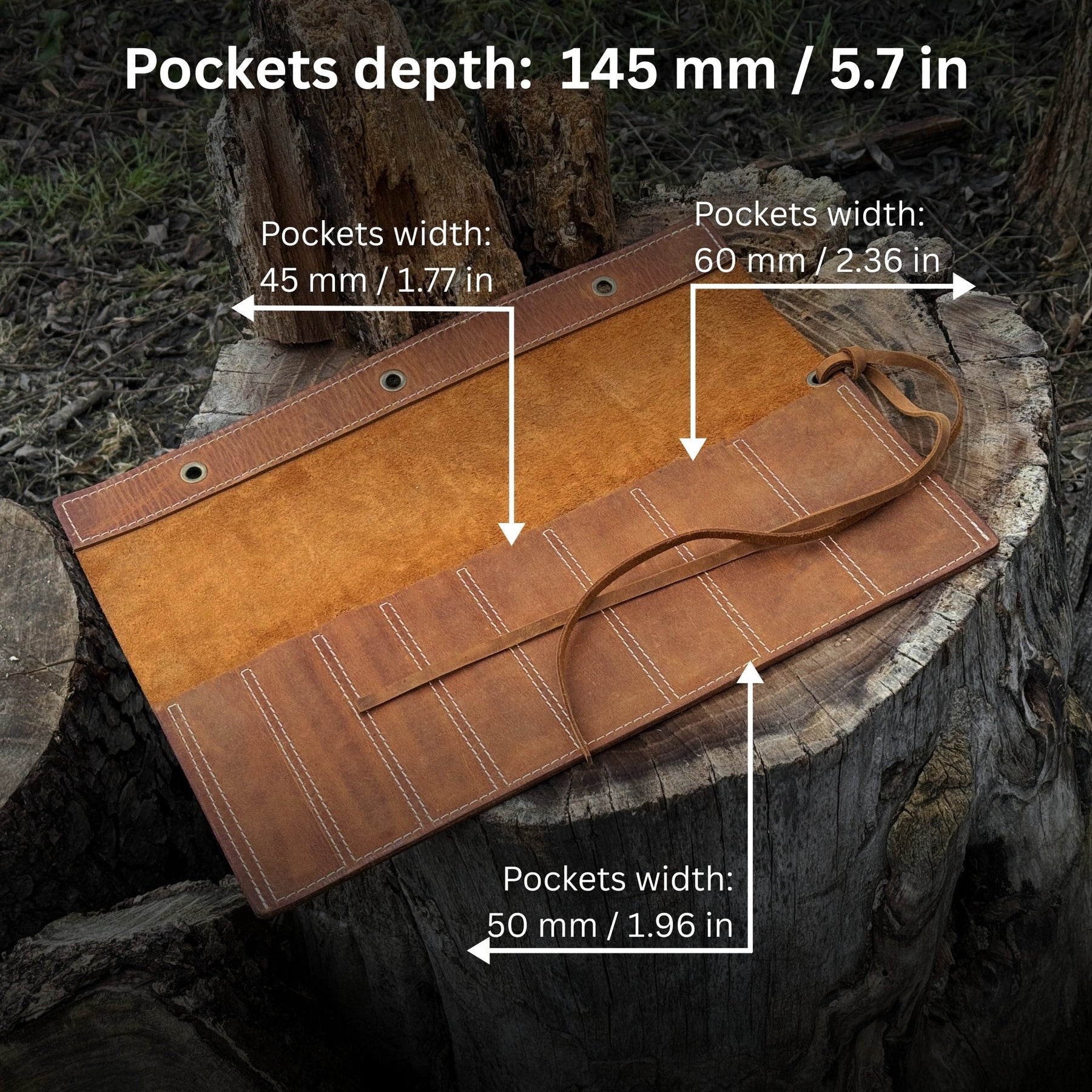 8 Pocket Leather Chisel Roll detail view by Sharky Forged Steel Tools