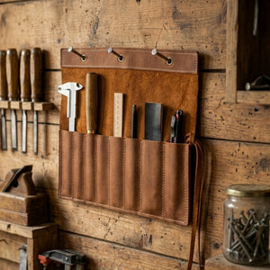 8 Pocket Leather Chisel Roll detail view by Sharky Forged Steel Tools