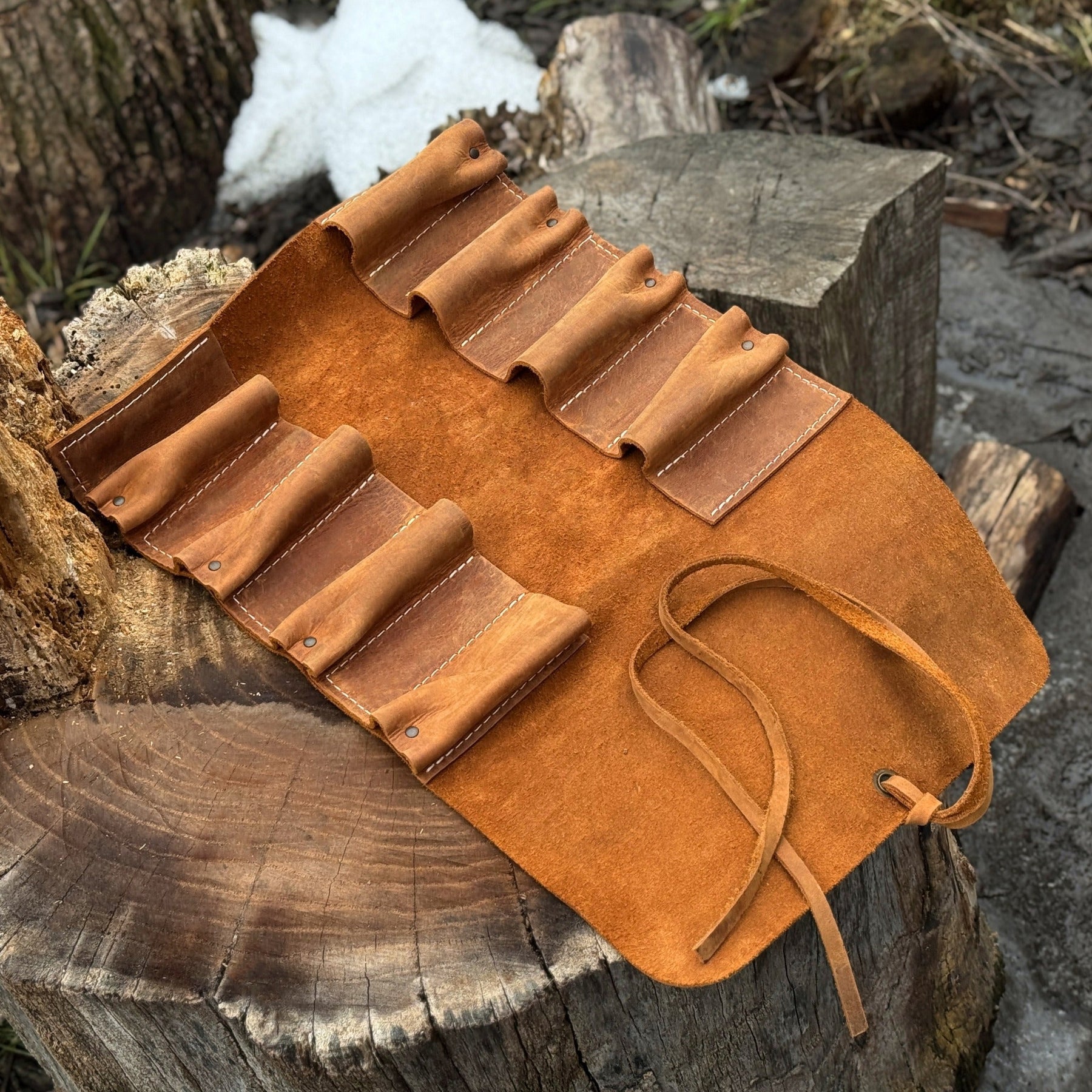 8 Pocket Leather Tool Roll detail view by Sharky Forged Steel Tools