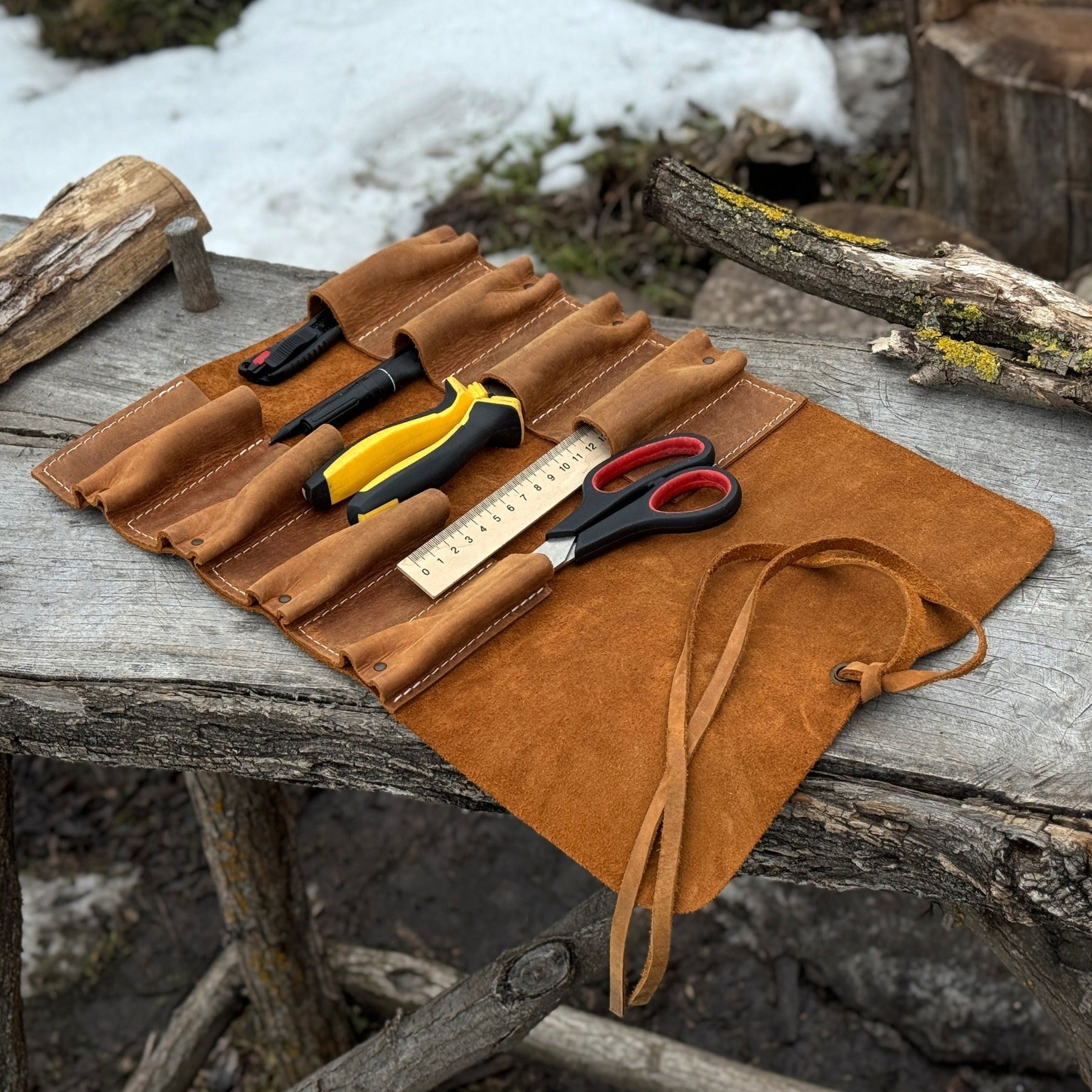 8 Pocket Leather Tool Roll detail view by Sharky Forged Steel Tools