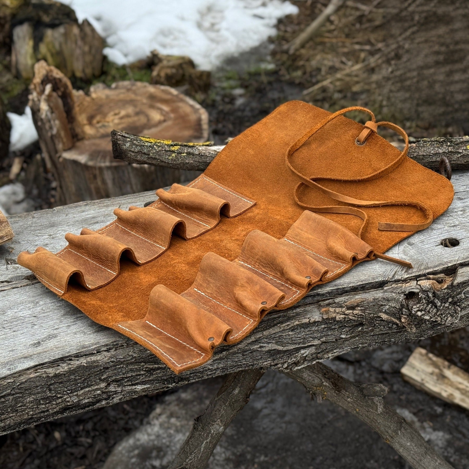 8 Pocket Leather Tool Roll detail view by Sharky Forged Steel Tools