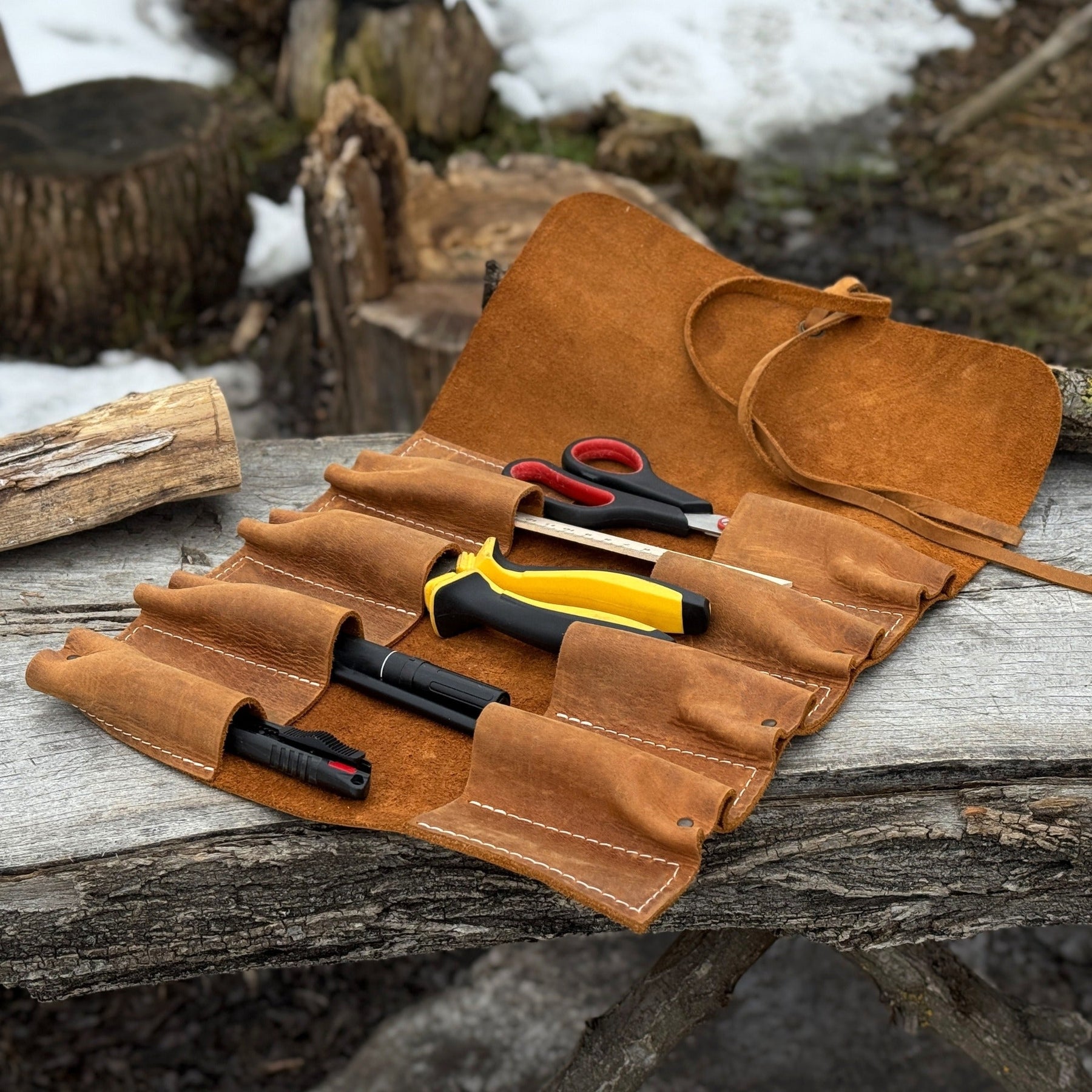 8 Pocket Leather Tool Roll detail view by Sharky Forged Steel Tools