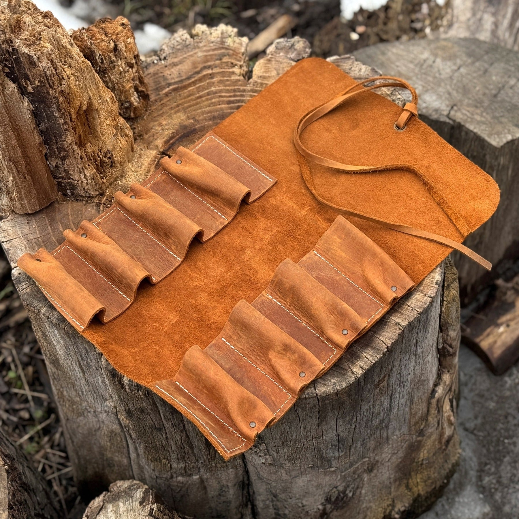 8 Pocket Leather Tool Roll detail view by Sharky Forged Steel Tools