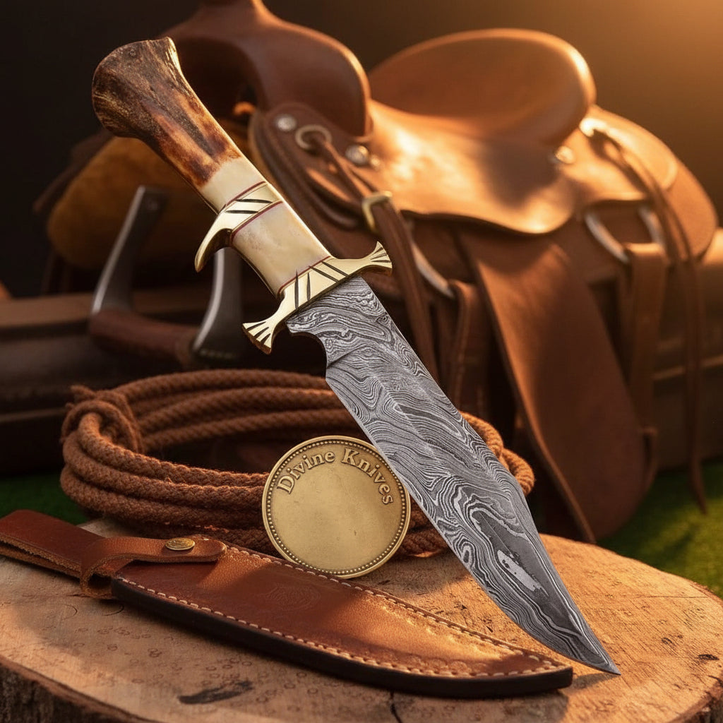 Damascus Sub-Hilt Crown Stag Bowie Knife with Dual Brass Guard by Divine Knives