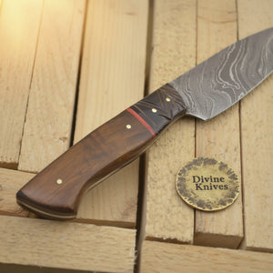 Brown Wood Damascus Knife Accented with a Bold Red Band detail view by Divine Knives