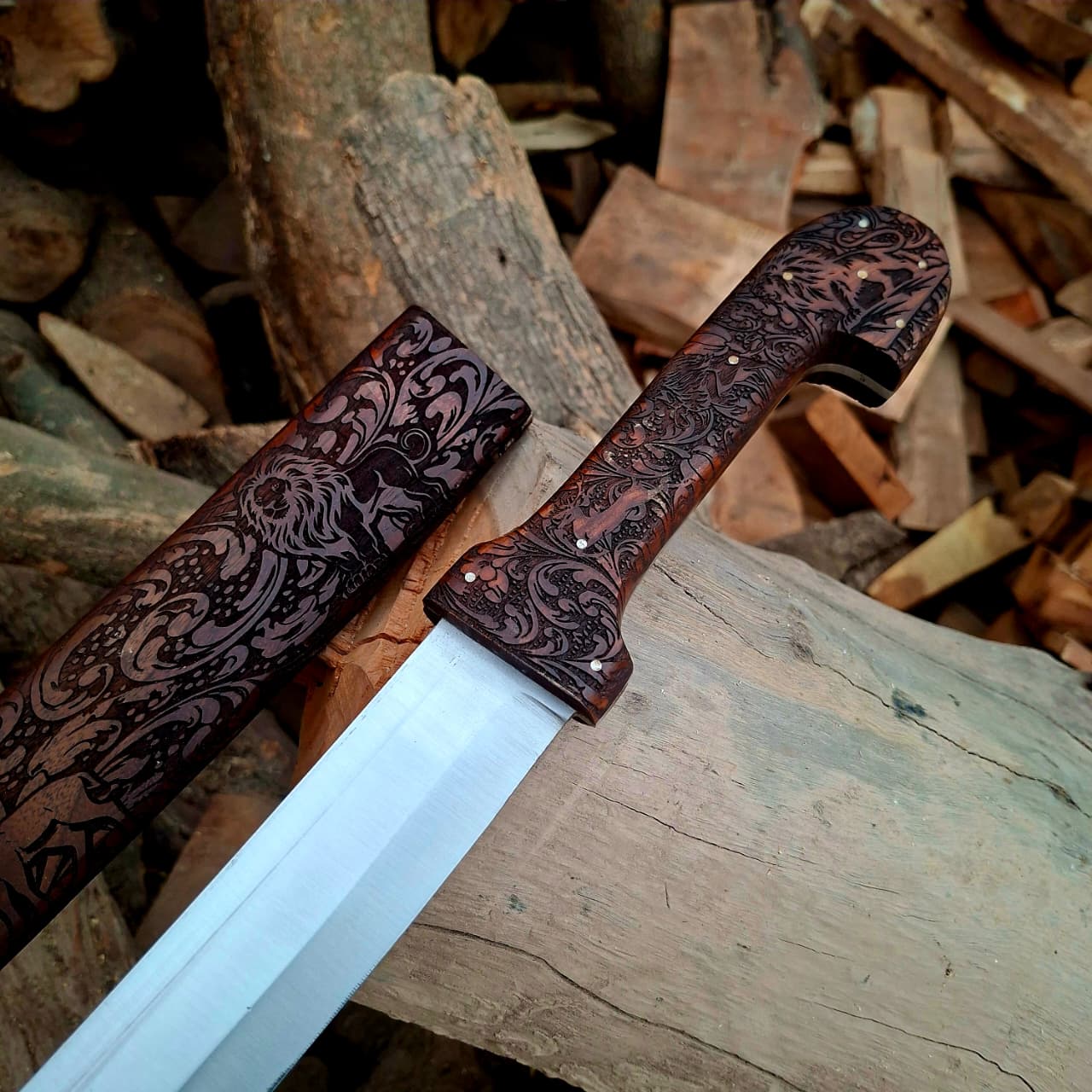 Bone Handle Damascus Knife with Handcrafted Tooled Sheath detail view by Divine Knives