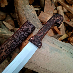 Bone Handle Damascus Knife with Handcrafted Tooled Sheath detail view by Divine Knives