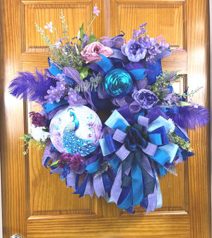 Peacock Wreath | Blue & Purple Deco Mesh Door Decor handmade by Bouge Creations