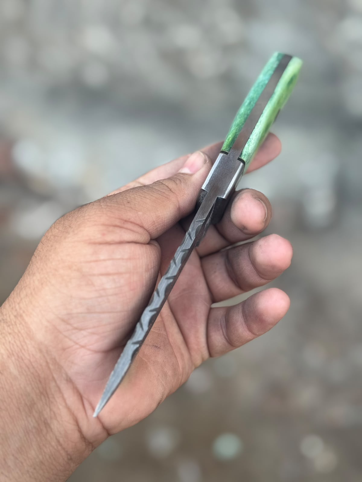 Green Damascus Drop Point Hunter with Mosaic Ricasso Pattern detail view by Divine Knives