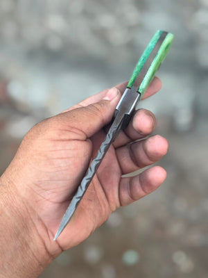 Green Damascus Drop Point Hunter with Mosaic Ricasso Pattern detail view by Divine Knives