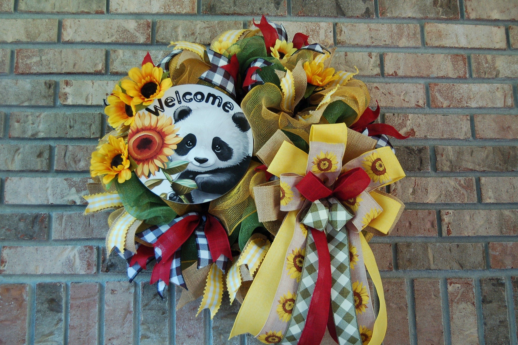 Panda Sunflower Wreath | Black, White & Yellow Door Decor by Bouge Creations, view 3