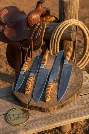 Pakka Wood Handle Chef & Santoku Knife Set – 5 Pieces detail view by Divine Knives