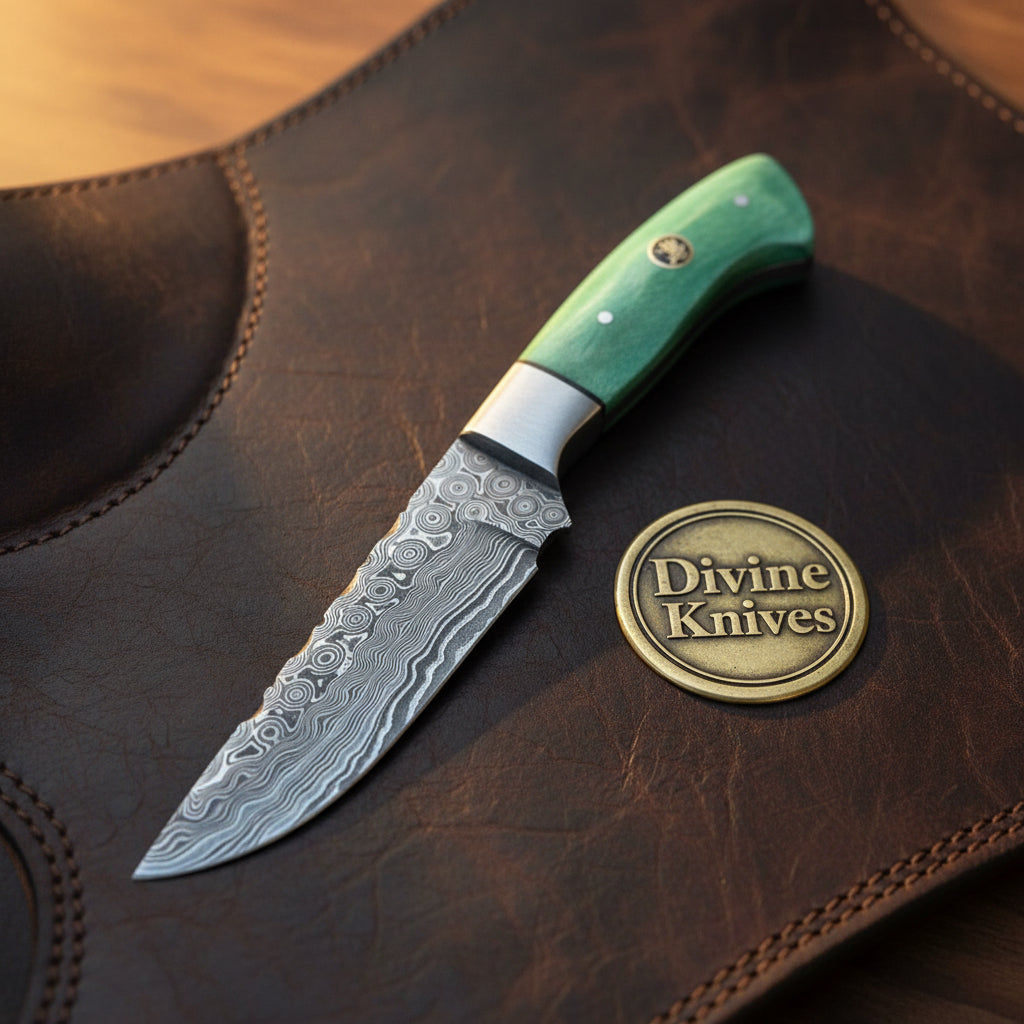 Green Damascus Drop Point Hunter with Mosaic Ricasso Pattern detail view by Divine Knives