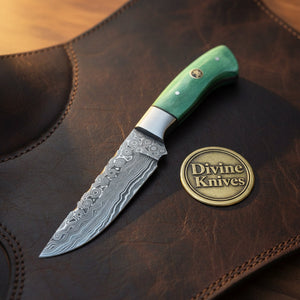 Green Damascus Drop Point Hunter with Mosaic Ricasso Pattern detail view by Divine Knives